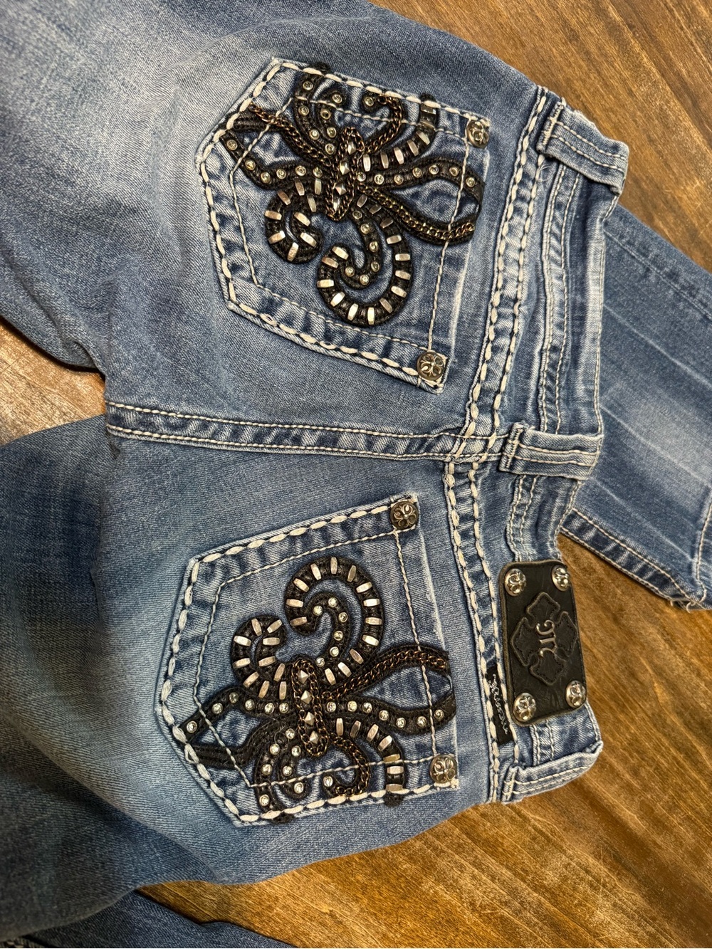 Miss Me Light Blue Boot Cut Jeans with Black & Silver Embellished Pockets